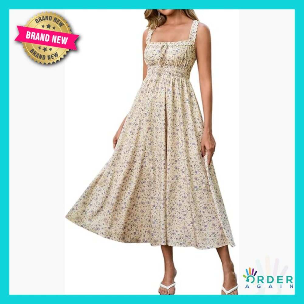 Floral Boho Midi Sundress Lace Up A Line Smocked Bodice With Pockets